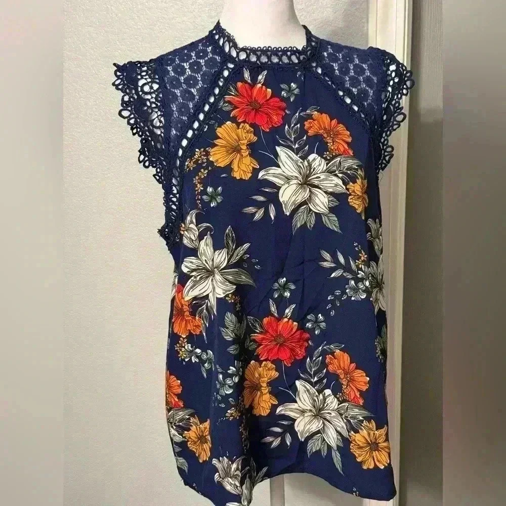 SHEIN navy floral top in orange gold greens black & white lace on neck & sleeve
